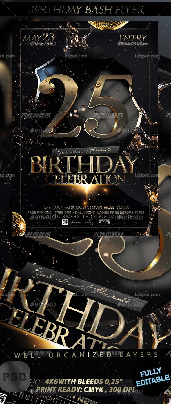 Birthday Bash Flyer,酷黑风格的生日聚会传单模板