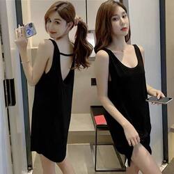 Nightgown for women summer sexy sleeveless vest loose thin pure backless mid-length pure lust style suspender pajamas home wear