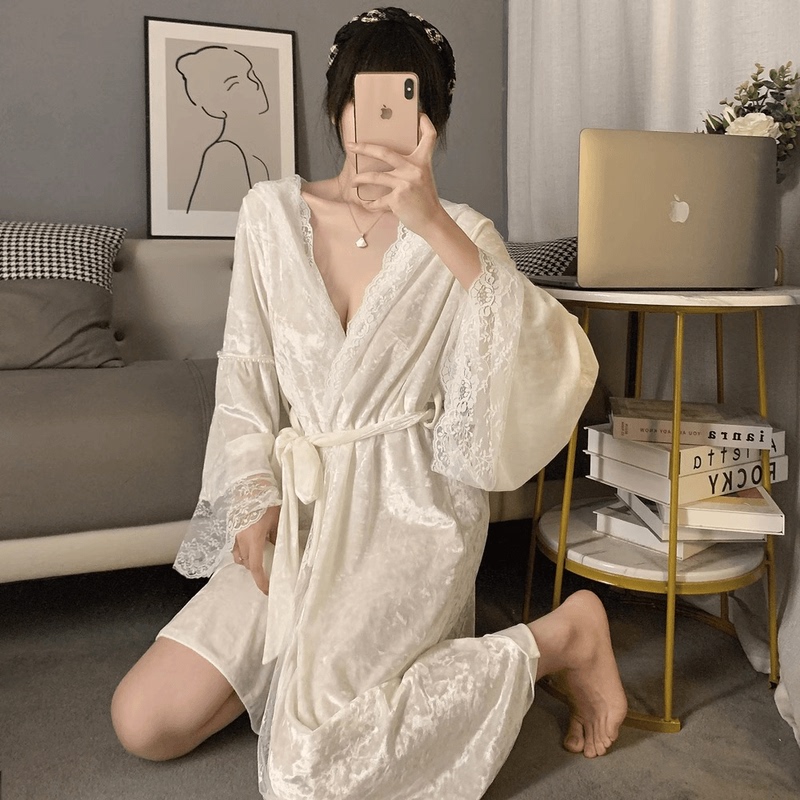 Pajamas for Women in Autumn and Winter, Long-Sleeved Sexy Nightgown, Long Hooded Lace Pure Desire Palace Style Bathrobe, Spring & Fall Home Wear