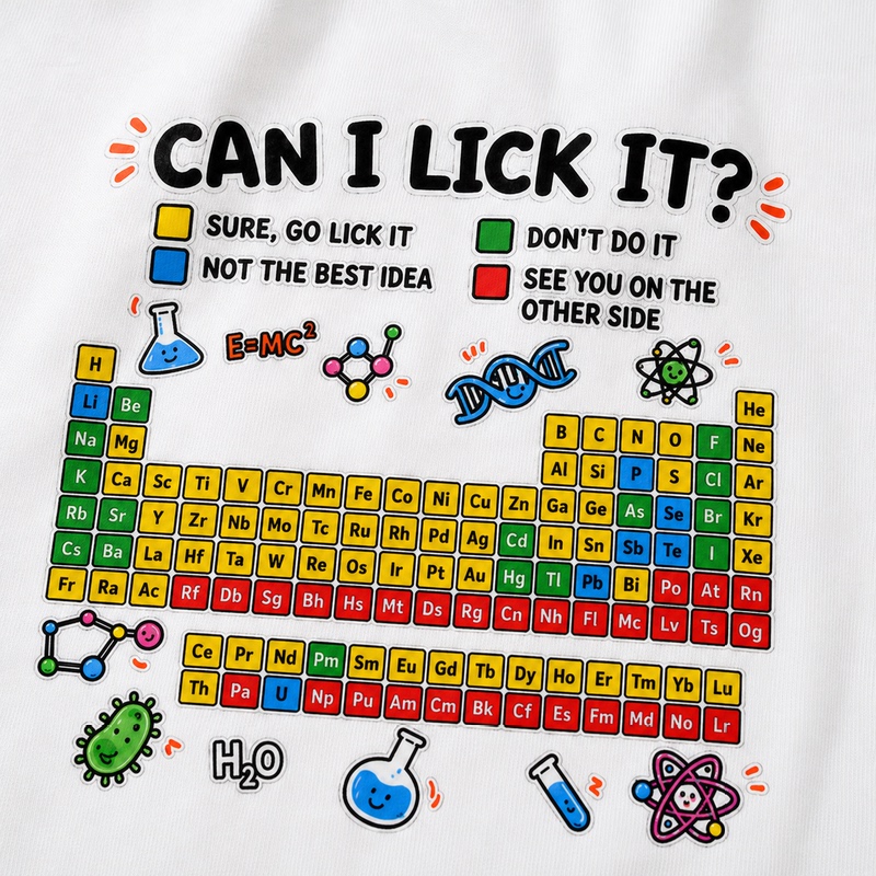 Fun Chemical Element Periodic Table T-Shirt for Men and Women, Short-Sleeved, Summer, Pure Cotton, Can I Lick It Print, Half-Sleeve Fun Chemical Element Periodic Table T-Shirt for Men and Women, Short-Sleeved, Summer, Pure Cotton, Can I Lick It Print, Half-Sleeve
