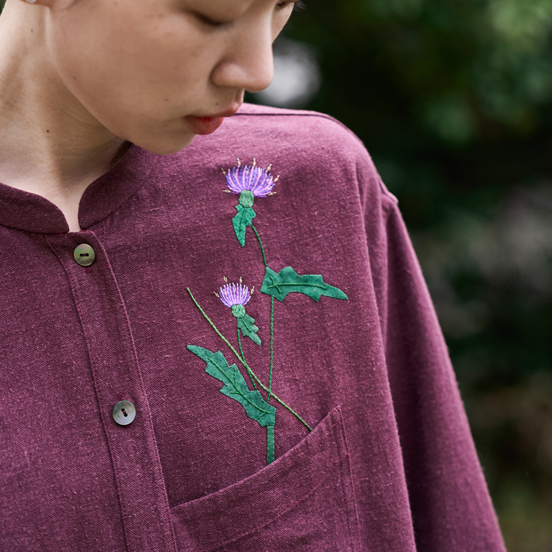 Toward the Mountains | Original Design by Time and Zen | Hemp and Thistle Patch Embroidery Casual Shirt