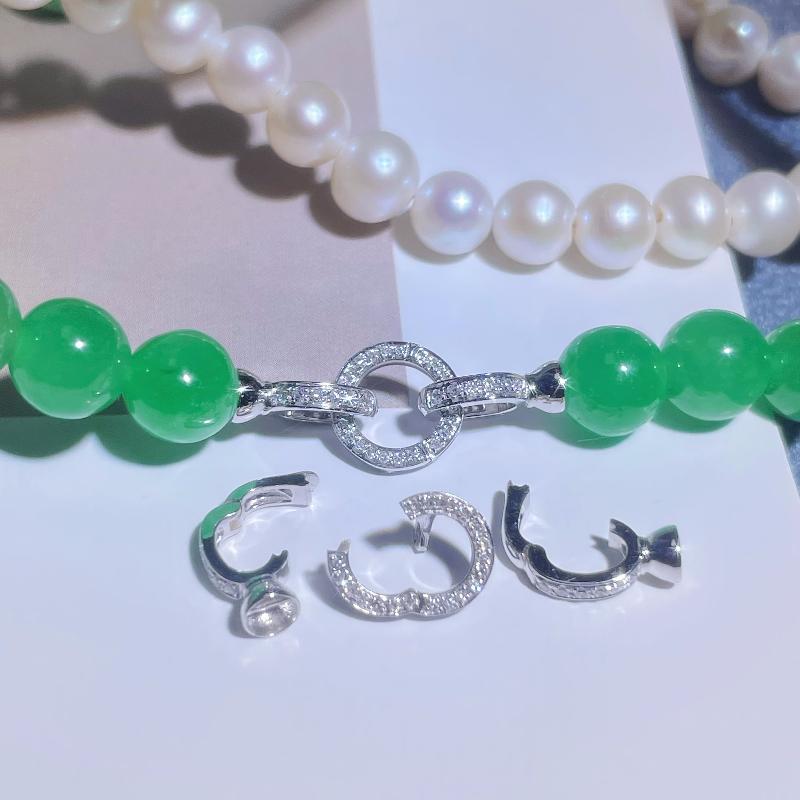 18K White Gold Diamond-Encrusted Jade Necklace with Pearl Bracelet and Connecting Clasp Accessories, Horizontal Bar Style DIY 18K White Gold Diamond-Encrusted Jade Necklace with Pearl Bracelet and Connecting Clasp Accessories, Horizontal Bar Style DIY