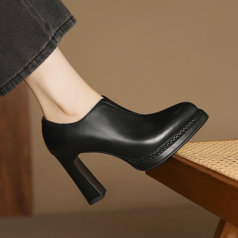 10cm Full Leather High-Heeled Shoes, Autumn High-Heeled Deep-Cut Single Shoes, Pointed Toe, Waterproof Platform, Suede Ankle Boots, Black