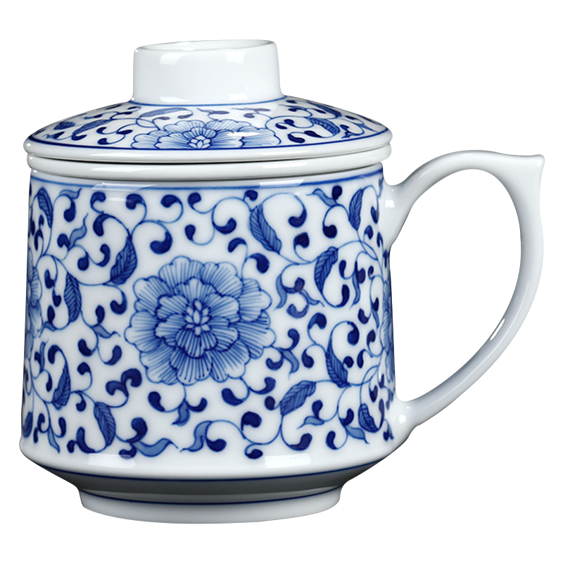 Blue and white porcelain tea cups of tea to separate office cup with cover hand - made glass jingdezhen ceramic filter cups