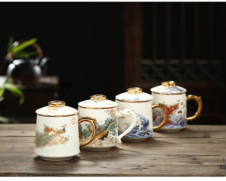 Jingdezhen tea cups separation suet jade white porcelain cup of household ceramic filter tea cup with cover office