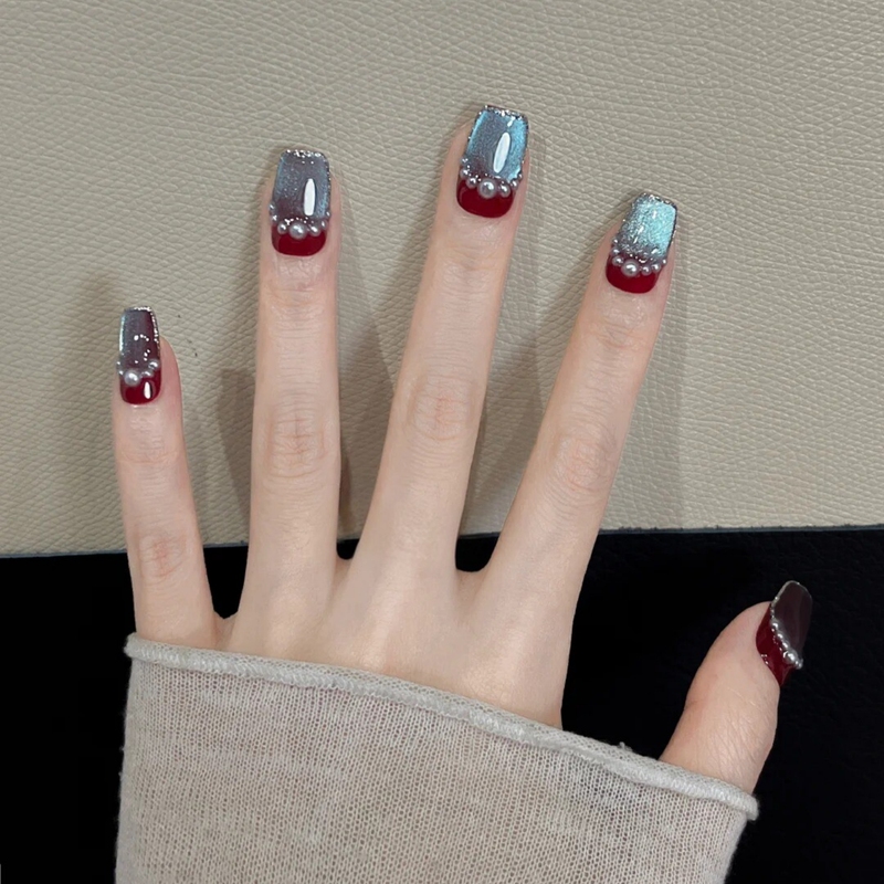 Blue Tears Nail Art Handmade Short Cat Eye French Style New Trend Whitening Ins High-End Fake Nail Tips