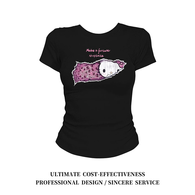 American Retro Cartoon Cat Print Short-Sleeve T-Shirt for Women, New Summer Slim-Fit, Flattering, Regular Shoulder, Short Top, Trendy