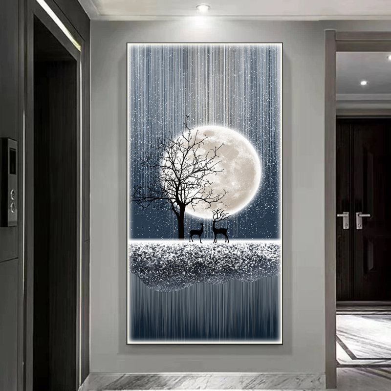 Led Illuminated Elk Entrance Decoration Painting, Modern Light Luxury Crystal Porcelain Inlaid Diamond Hanging Painting, Corridor Aisle High-End Wall Art