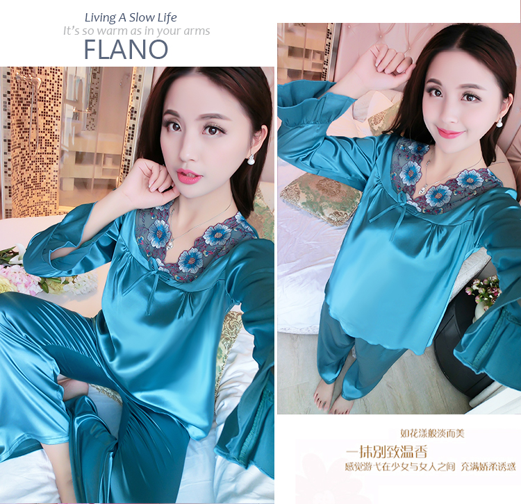 Phiên bản Hàn Quốc của đồ ngủ lụa nữ phù hợp với tay dài mùa xuân và mùa thu satin gợi cảm lụa lụa kích thước lớn dịch vụ nhà mùa hè lụa băng đồ ngủ đẹp