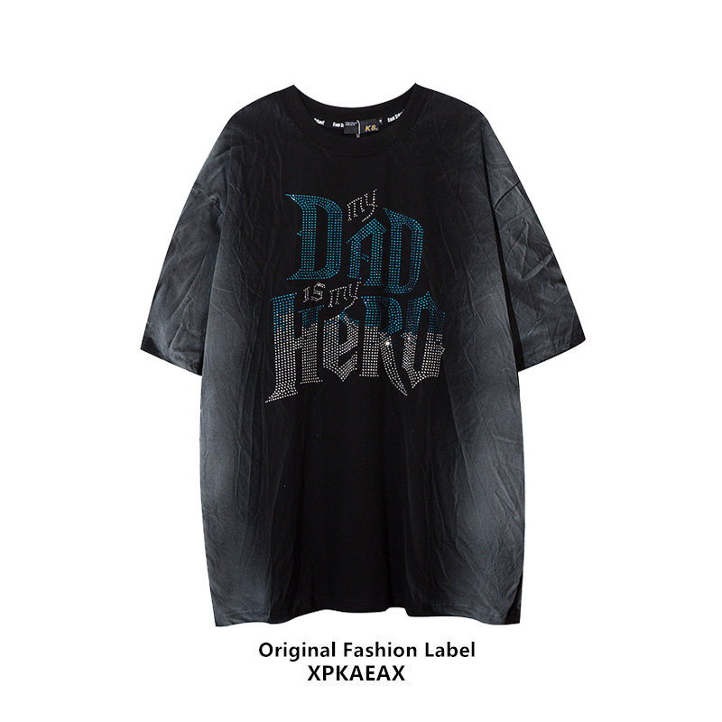 XPKAEAX original boomer rework inlaid drill t for men and women with the same European and American hiphop fried street clothes for old short pomp