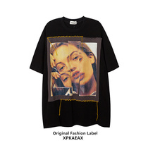 XPKAEAX original trendy brand European and American retro T-shirt vintage portrait printing short sleeve loose fried street jacket