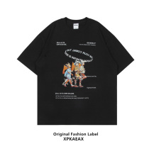 XPKAEAX Original Tide Brand American Casual Short Sleeve T-shirt Mens 2021 Summer Trend Print Loose Cotton Body