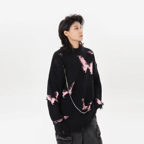 Оригинальная цепь с молнией, дизайнерский трикотажный свитер подходит для мужчин и женщин, круглый воротник, тренд сезона, в американском стиле