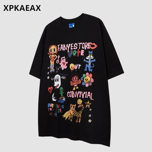 XPKAEAX оригинальный модный бренд европейского и американского уличного свободного покроя с короткими рукавами, летняя забавная забавная футболка с круглым вырезом и рукавом пять четвертей High Street