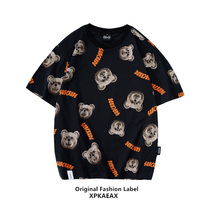 XPKAEAX original tide brand bear printed T-shirt men's and women's bf style couples dress summer loose short sleeve jacket