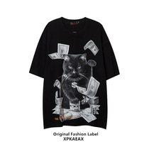 XPKAEAX Original Tide Cards US$ Persian Cat Print T MEN AND WOMEN THE SAME HIP HOP TREND 100 LAP PURE COTTON SHORT POMP