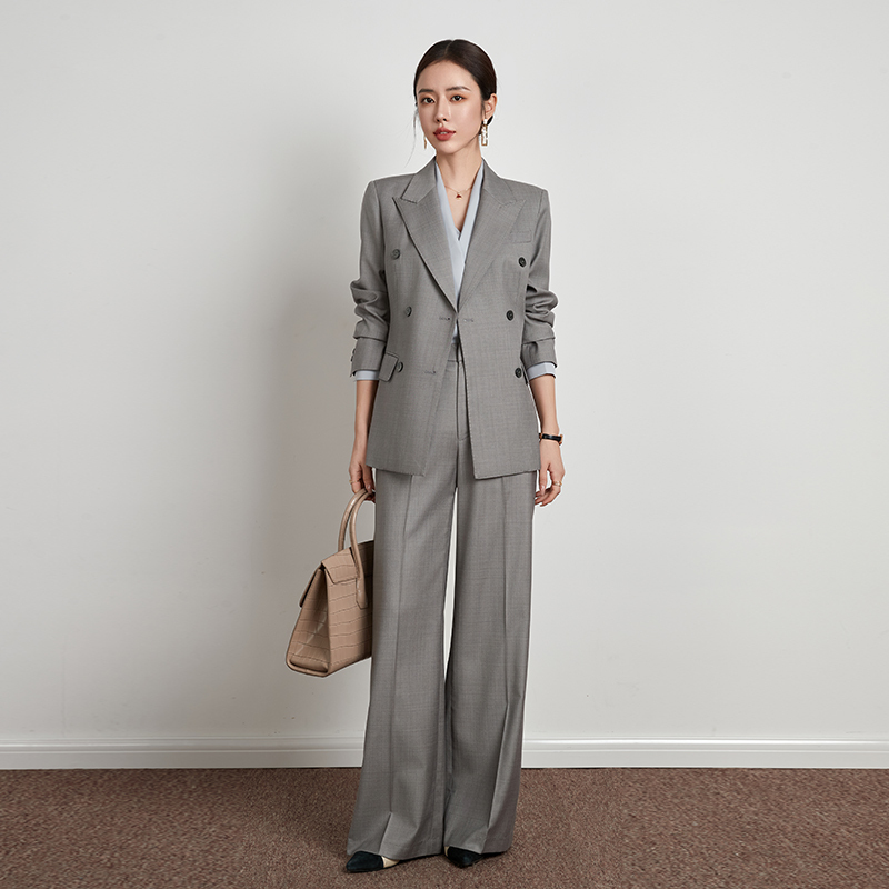 Spring and Autumn New Style Gray High-End Suit Set for Women, Business Style, Slimming Women's Suit with Wide-Leg Pants, Professional Suit