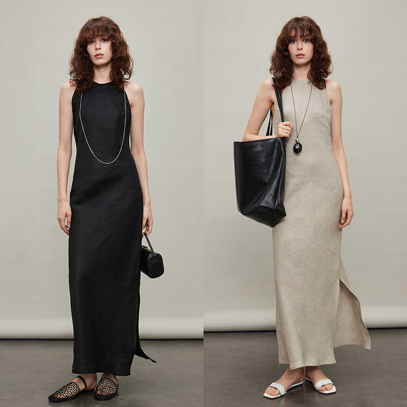 3One Minimalist Row Style Halter Neck Simple Linen Dress Old Money Minimalist Slimming Vacation Slim Fit Long Dress Summer