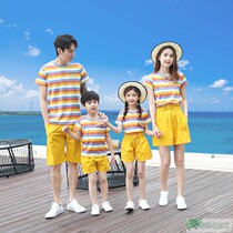 Online Red Whole House Fried Street 2022 New Tide Family of three-four-mouth mother and daughter Striped Fashion Suit Cotton Beach