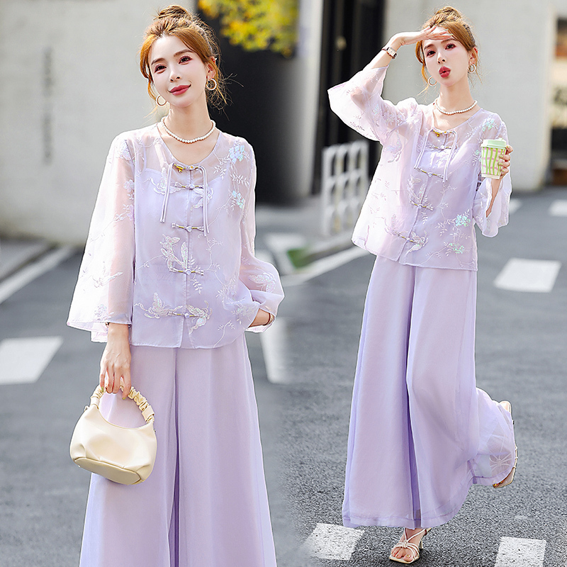 Chinese-Style Embroidered Button-Up Hanfu Top and Wide-Leg Skirt Pants Set 2026 Spring/Summer New Chinese-Style Fairy Purple Three-Piece Set