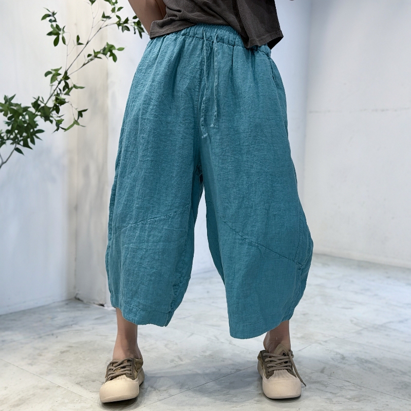 2026 Summer New Sand-Washed Linen Eight-Point Cropped Pants High-Waisted Loose Casual Pants Elastic Waist Slimming Women's Pants