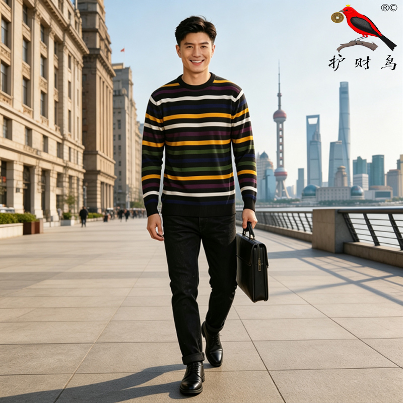 Huchainiao 2026 Knitted Base Shirt Men's Wool Sweater New Spring and Autumn Pullover Round Neck Striped Short Style