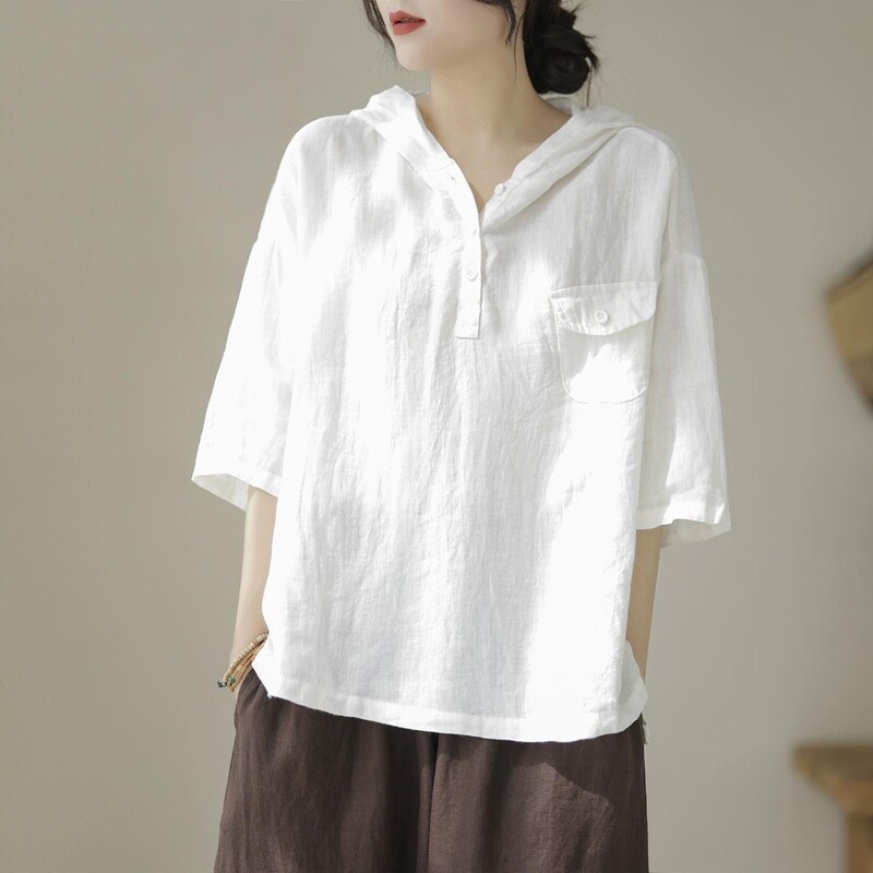 Plus Size Women's Fat mm Loose Belly-Covering Cotton and Linen Casual Hooded Tops Fat Artistic Shirts Short-Sleeved T-Shirts Summer