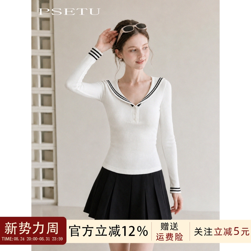 Psetu/Academy Style Navy Collar Striped Long-Sleeve Knit Sweater for Women, Early Autumn Soft and Slim-Fit Elegant Base Shirt Top Psetu/Academy Style Navy Collar Striped Long-Sleeve Knit Sweater for Women, Early Autumn Soft and Slim-Fit Elegant Base Shirt Top