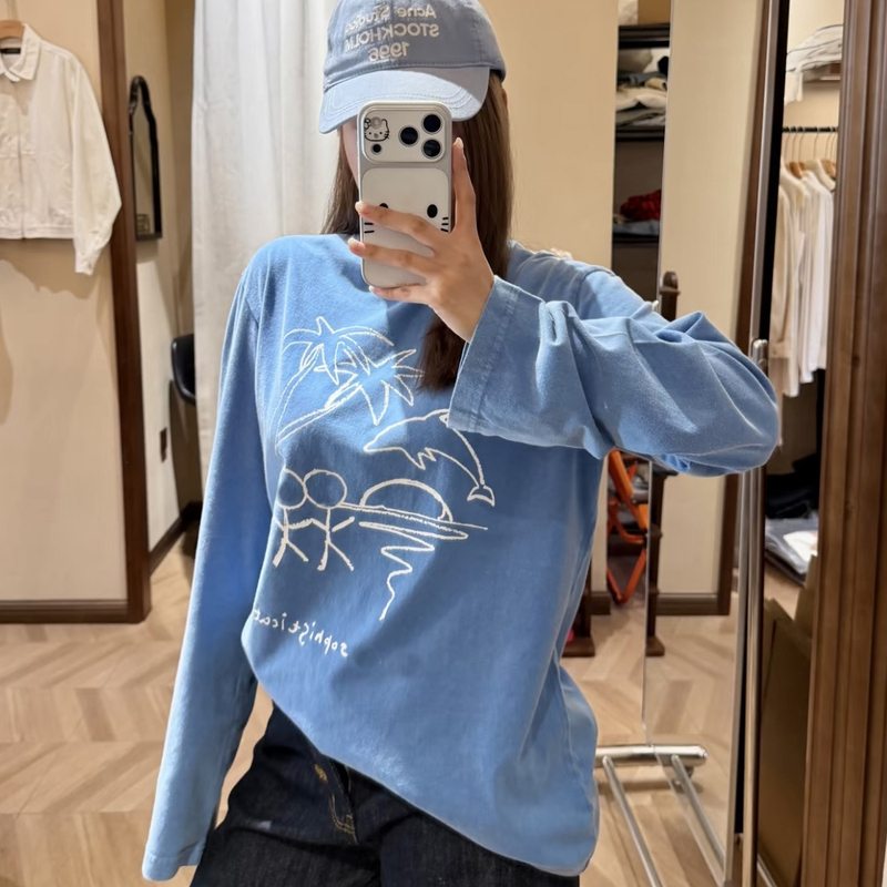 Shenzhen Nanyou Stickman Haze Blue Coconut Tree Graffiti Round Neck Long Sleeve T-Shirt Loose Casual Top 2026 Early Autumn Shenzhen Nanyou Stickman Haze Blue Coconut Tree Graffiti Round Neck Long Sleeve T-Shirt Loose Casual Top 2026 Early Autumn