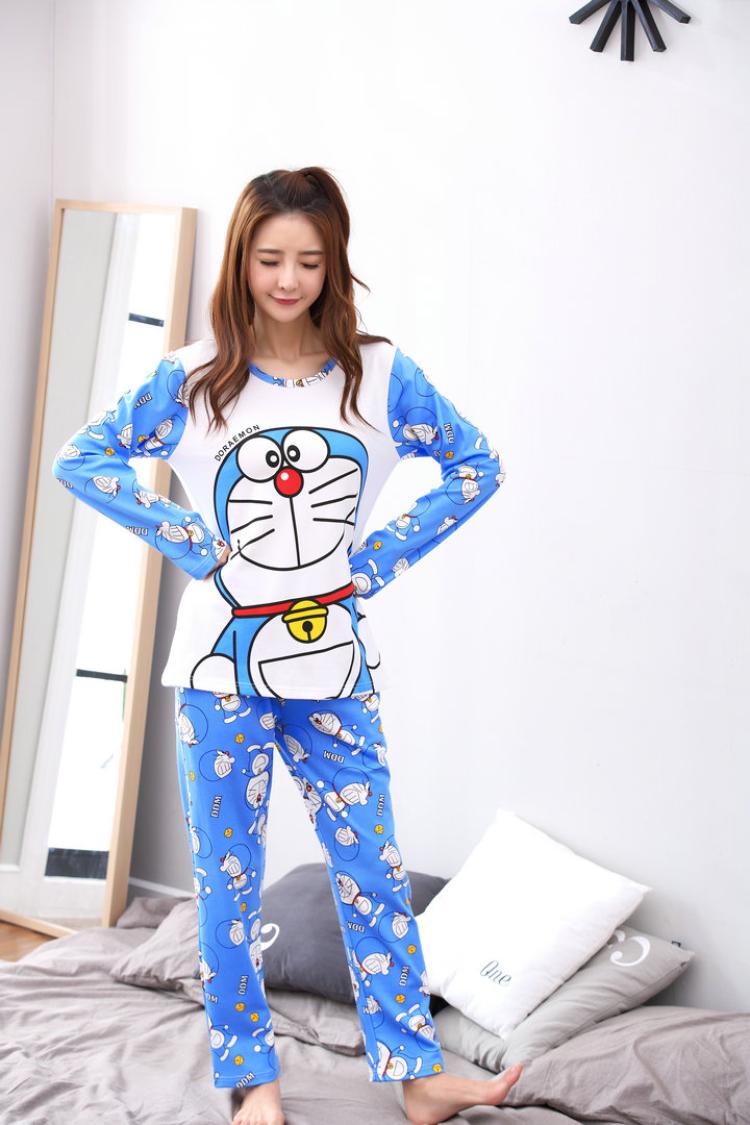 Doraemon ngủ đồ ngủ cotton đôi mùa thu phù hợp với nữ sinh viên kích thước mã dễ thương kiểu đồ bộ vải thun bông