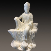 Great Han Jiuding at ease with Guanyin Bodhisattva view from natural Han white jade sculpted raw stone whole material hand engraving