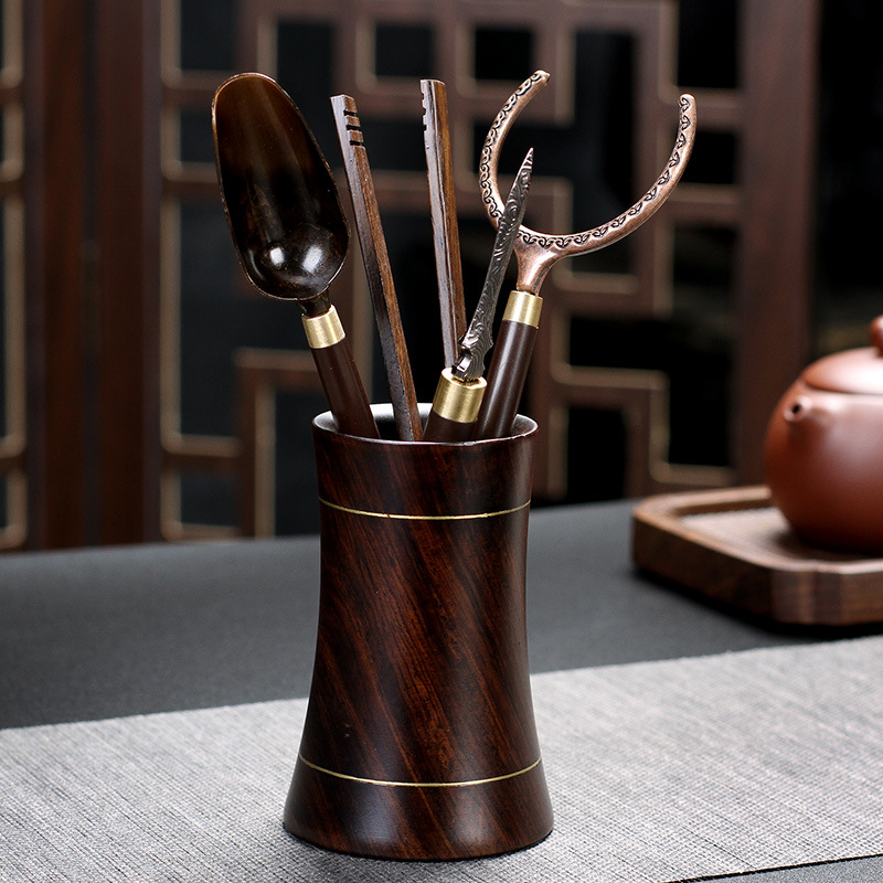Six Gentleman Sets Black Sandalwood Solid Wood Chinese Style Five Pieces Teaspoon Teaspoon Tea Clip Tea Needle Cup fork Tea Trail accessories Tea Road