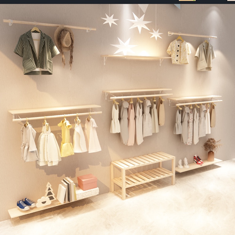 Clothing Store Display Rack Children's Clothing Solid Wood Wall-Mounted Clothes Rack Clothing Store Decoration Design Renderings Shelf Hanging Clothes Clothing Store Display Rack Children's Clothing Solid Wood Wall-Mounted Clothes Rack Clothing Store Decoration Design Renderings Shelf Hanging Clothes