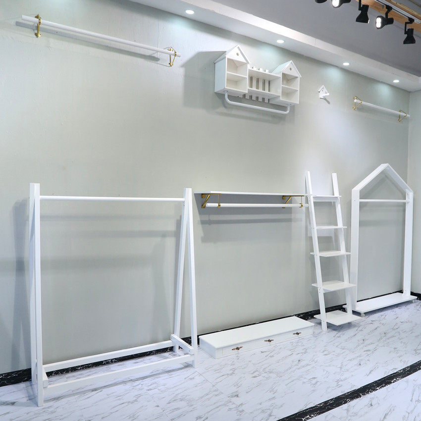 Children's clothing store display rack decoration decoration simple style white solid wood clothing store hanger display rack Hanger landing