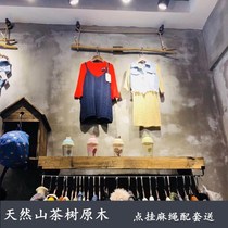 Clothing store window personality display stand pure natural wooden stick hanger retro creative hemp rope hanging ring clothes hook