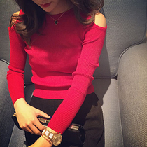 2021 new spring and autumn Korean pullover slim short sweater tight bottoming small shirt womens long-sleeved off-the-shoulder thin