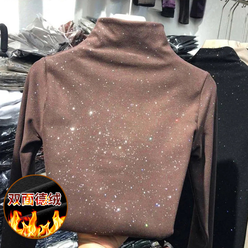 2022 Double-sided delsuede T-shirt thickened half-height collar bottom shirt new female autumn winter short of blouses warm and warm