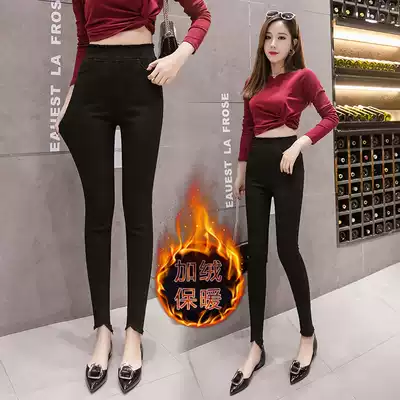 Inner pants women's autumn and winter plus velvet outer wear warm pants thin all-match cigarette tube pants black casual ribbed leggings