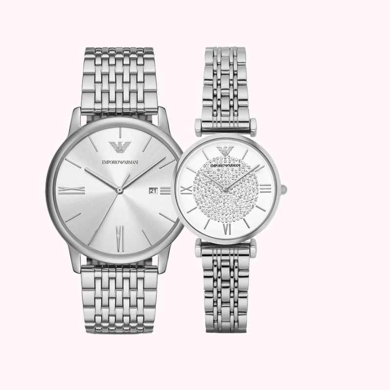 [Silver Gypsophila] Armani Couple Watches, a Pair of Men's and Women's Quartz Wristwatches, Valentine's Day Gift