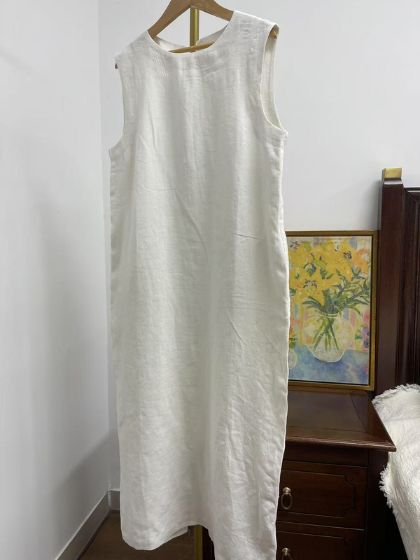 2025 Spring/Summer High-Quality Hemp Double-Layer Tank Dress for Women, Artistic, Simple, Cool, Sleeveless, Cocoon-Shaped Long Dress