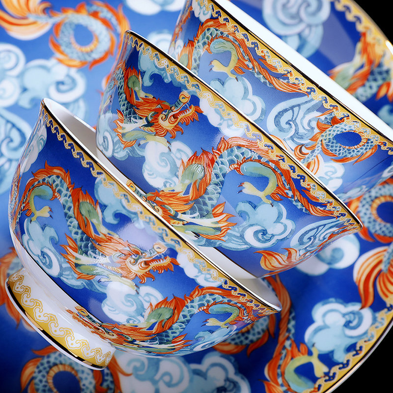 Jinqiutang Jingdezhen Bone China Tableware Bowl Set Household Luxury Chinese and Western Bowl Set Golden Dragon
