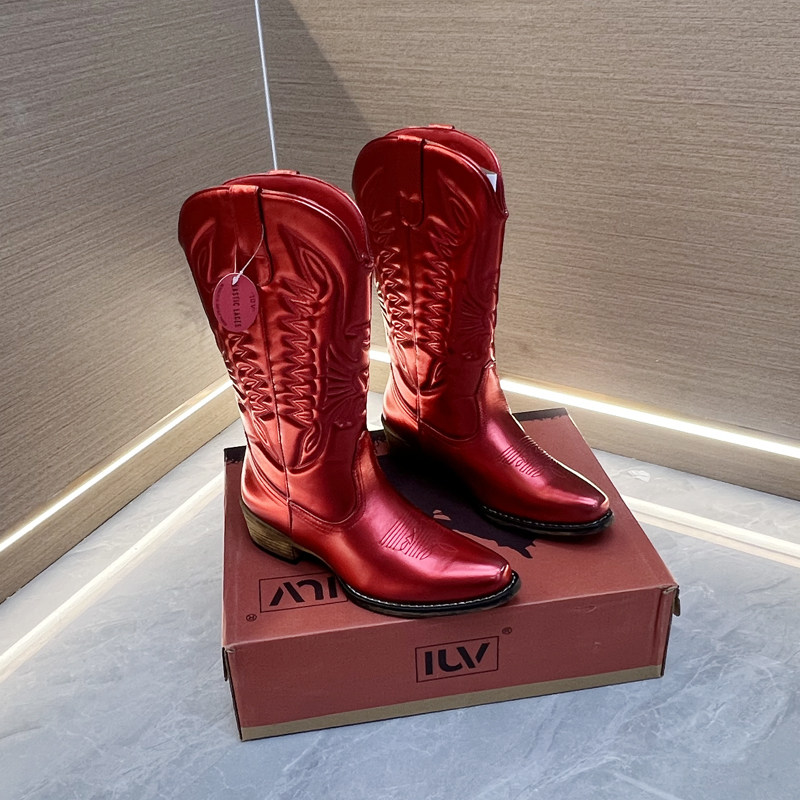 Западные Boots 高品质外贸原单粗跟刺绣亮色时尚复古西部靴大码中筒牛仔靴马丁靴 OTHER