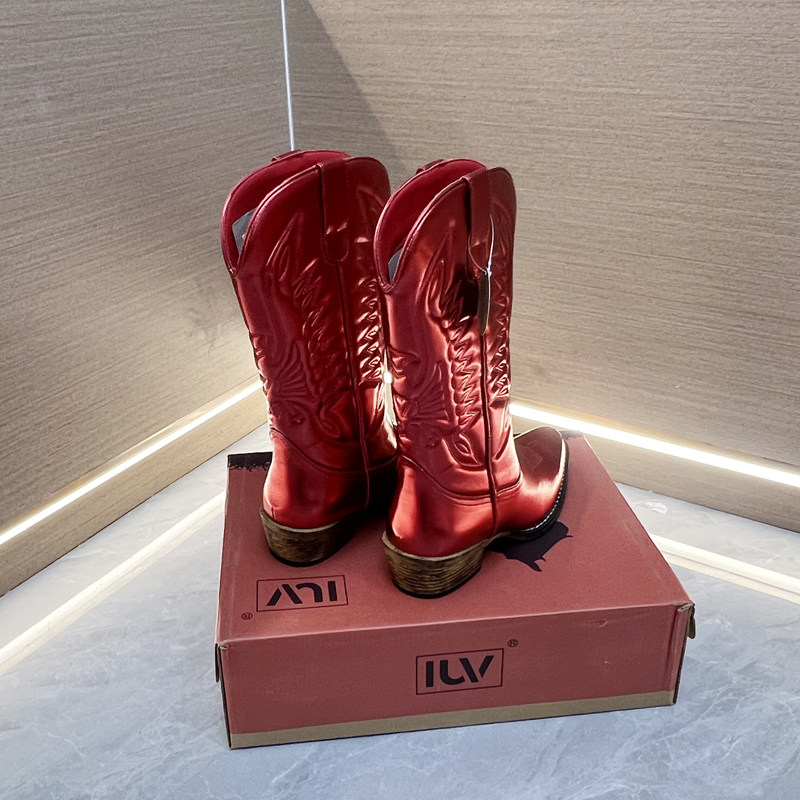 Западные Boots 高品质外贸原单粗跟刺绣亮色时尚复古西部靴大码中筒牛仔靴马丁靴 OTHER