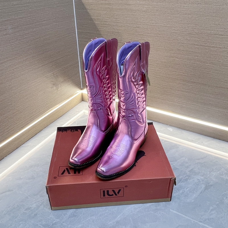 Западные Boots 高品质外贸原单粗跟刺绣亮色时尚复古西部靴大码中筒牛仔靴马丁靴 OTHER
