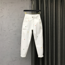 Spring 2022 New Design Sense Color Symbol Embroidered Casual Harlan Pants High Waist Loose White Jeans