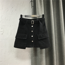 Korean denim skirt 2021 new high-waisted single-breasted A-line short skirt black slim slim tooling skirt