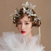 Bride blue Xiuhe headdress Wedding Chinese butterfly wedding dress Xiuhe clothing hair accessories Studio photo modeling accessories Female