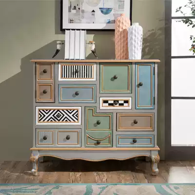 European color drawer storage cabinet living room porch decorative cabinet Mediterranean retro multi-bucket cabinet painted storage cabinet