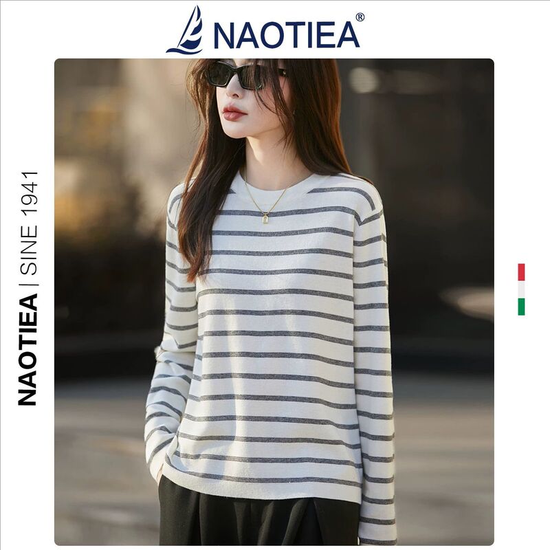 Naotier Small Sailboat Wool and Silk Striped Round-Neck Base Layer T-Shirt for Women, Autumn and Winter Brand Top