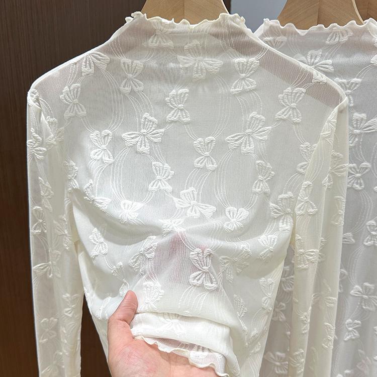 Ruffled Half-High Collar Mesh Base Shirt for Women, New Autumn and Winter Style, Soft and Stylish Jacquard Lace Top